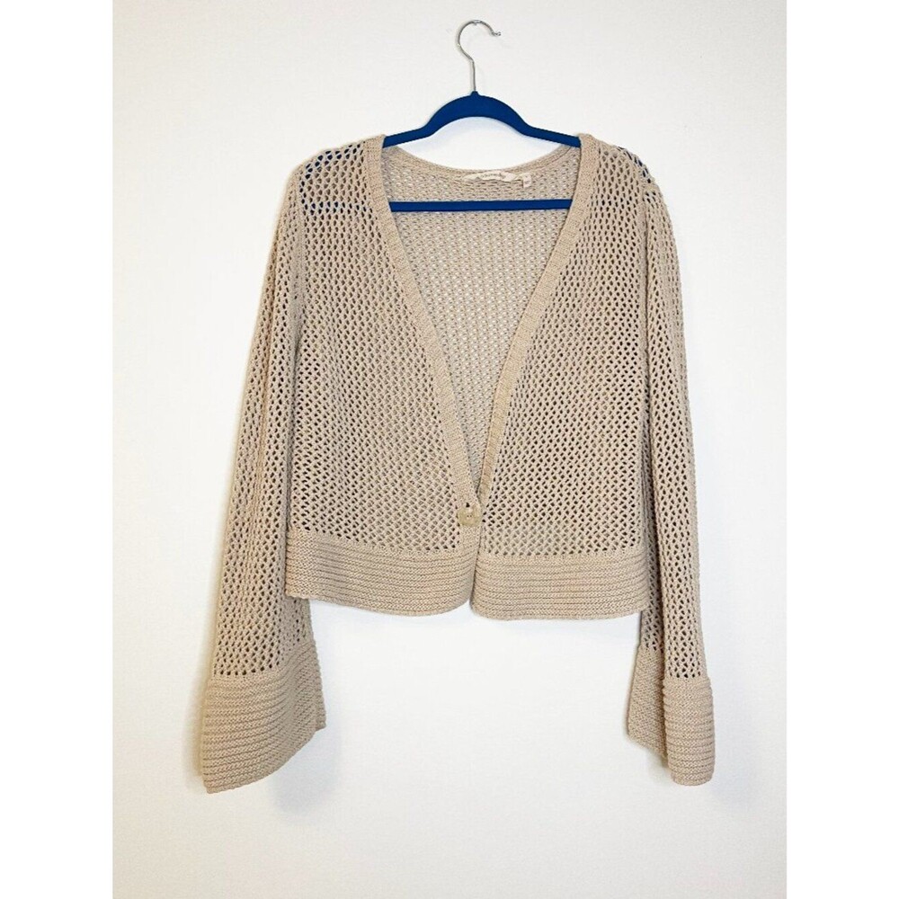 Soft Surroundings Open Knit Cardigan Size L Beige Cropped Boho Sweater